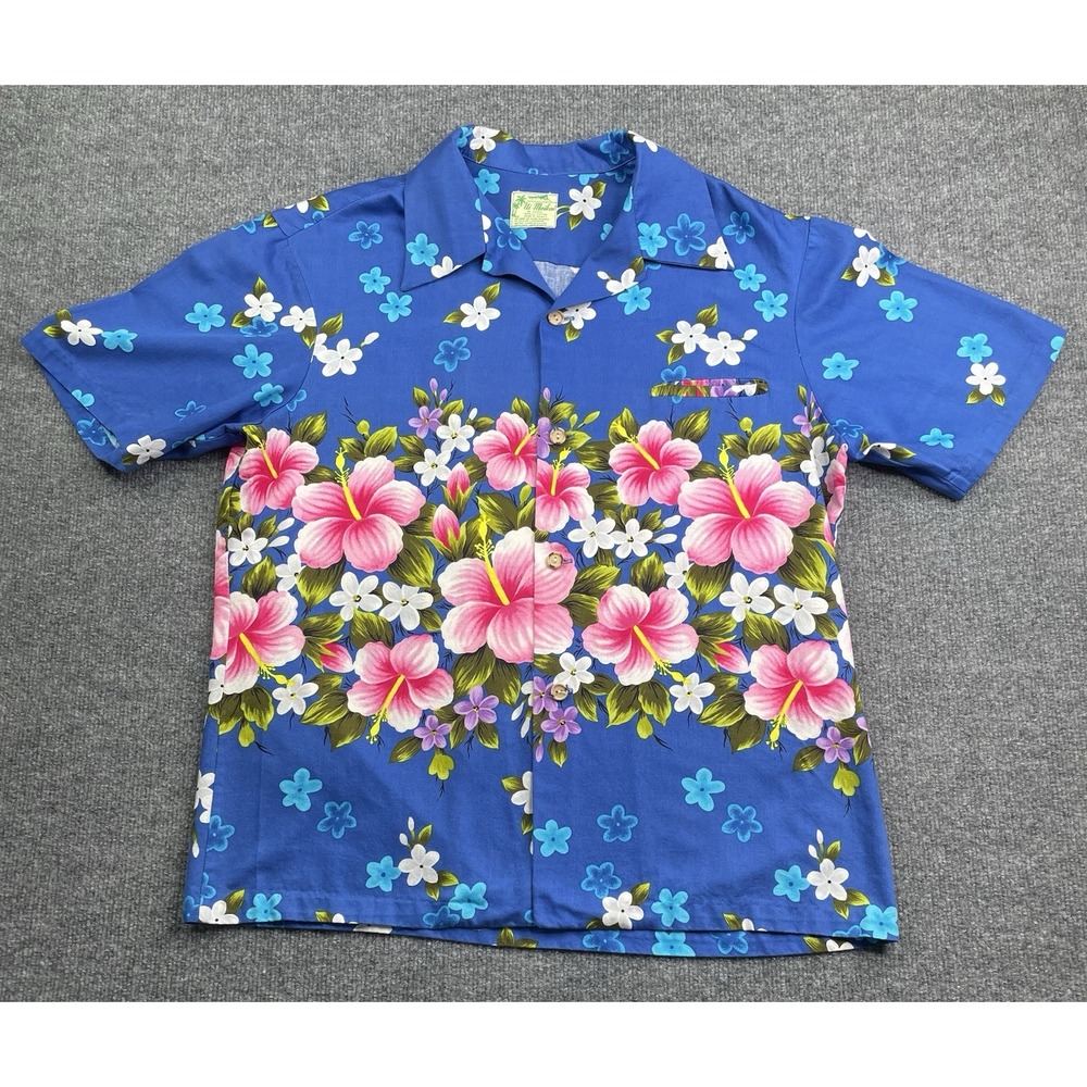 Ui-Maikai Hawaiian Shirt Mens‎ L Blue Pink Hibiscus Floral Cotton Made In Hawaii